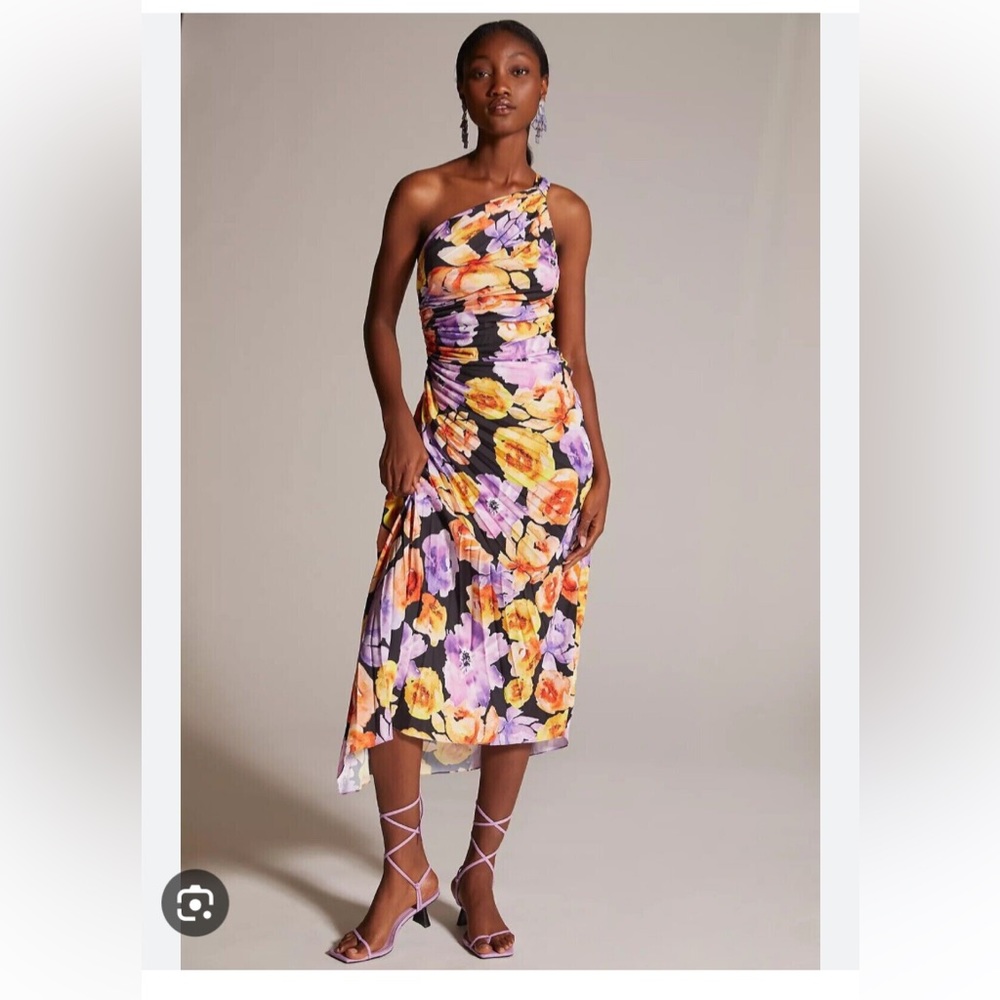 Anthropologie Geisha Designs Floral One Shoulder Midi Dress Large Wedding Guest
